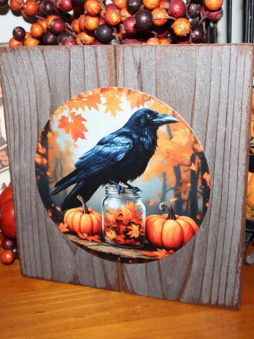 NEW Raven Crow Black Bird Pumpkin Primitive Fall Farmhouse Wall Decor Plaque